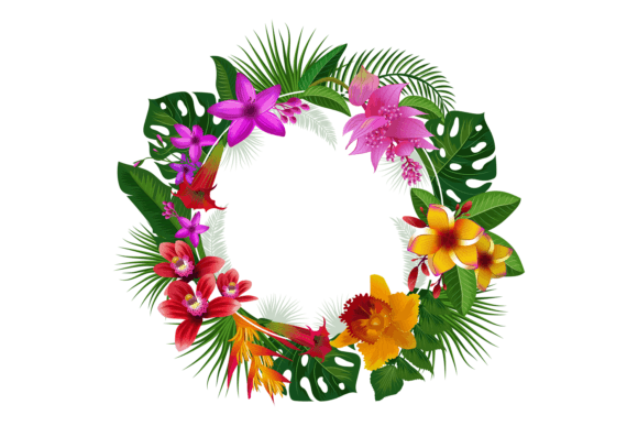 Tropical Wreath with Exotic Flowers. Gre Graphics and Illustrations